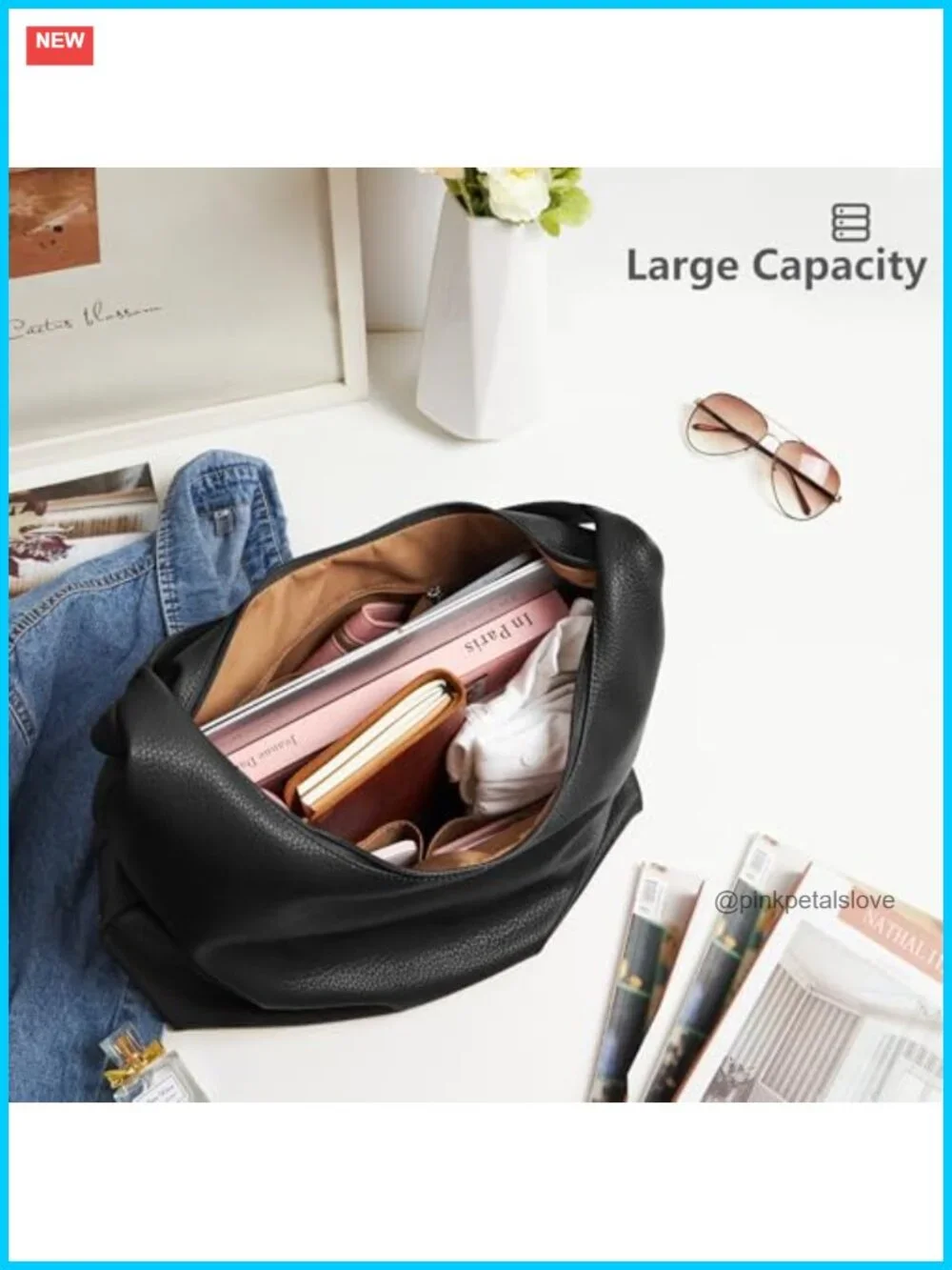 Vegan Leather Hobo Tote Bag with Zipper Closure Large Capacity Work Bag